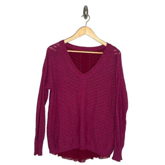 PrAna Plum Red Oversized Chiffon Peplum Underlay Hem Knit Sweater Size Small - Picture 2 of 10